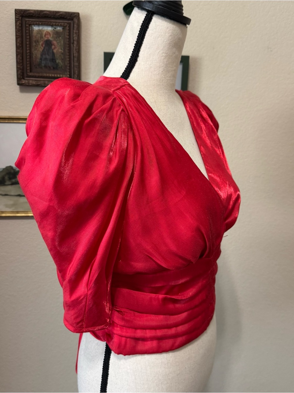 CIEBON | Farrah Shimmer Satin Red Puff Sleeve Shirt Blouse XS NWT - Picture 2 of 16